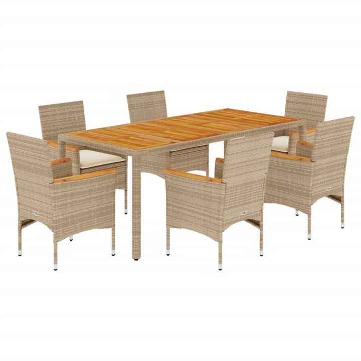 spisebordssæt til haven 7dele m. hynder polyrattan akacie beige