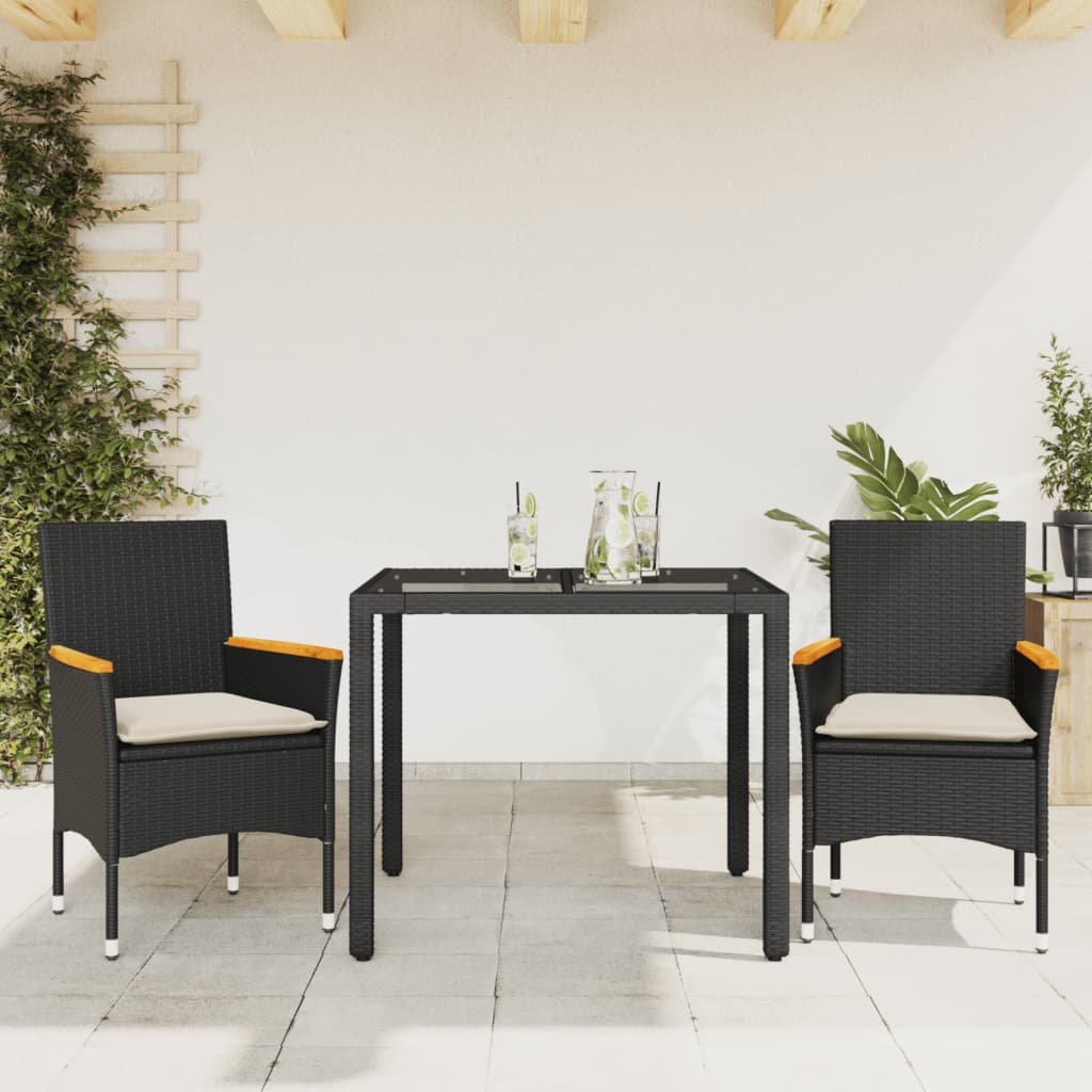 spisebordssæt til haven 3dele m. hynder polyrattan og glas sort
