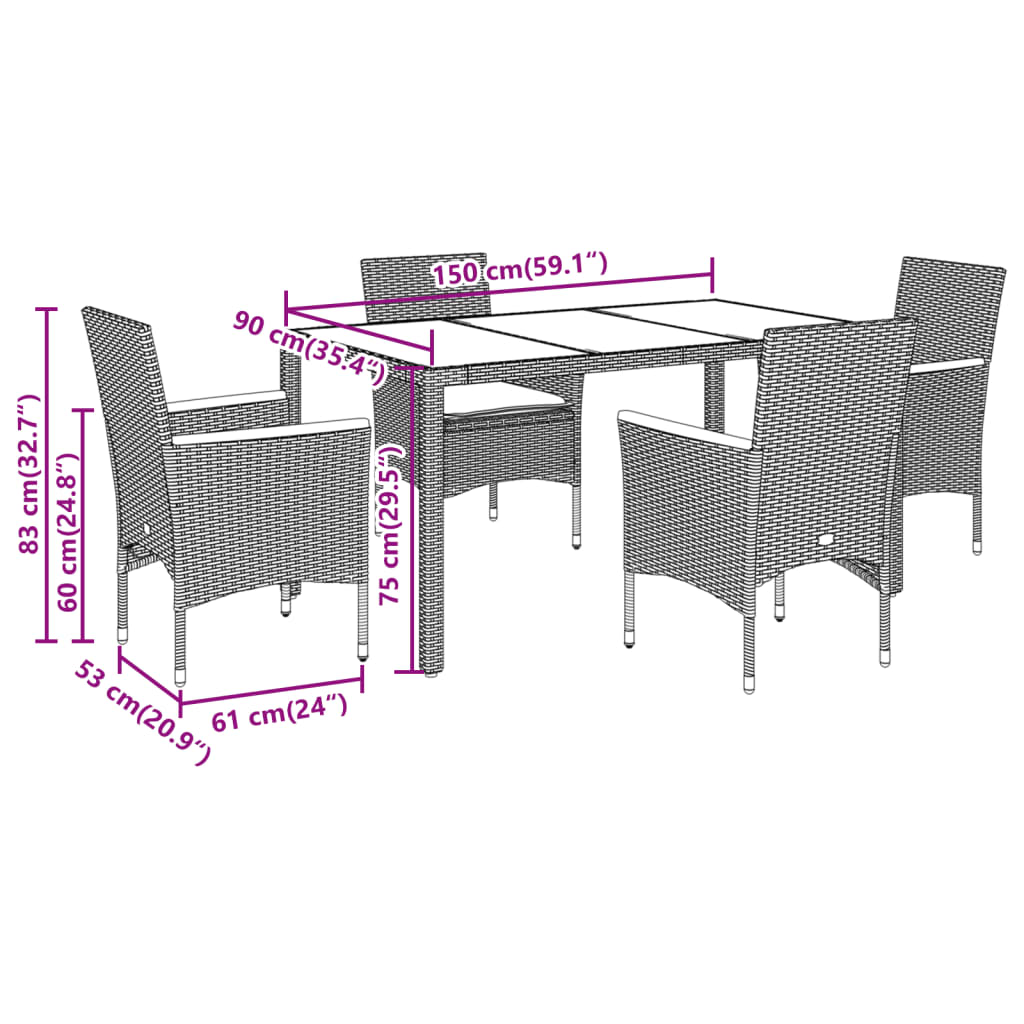 spisebordssæt til haven 5dele m. hynder polyrattan og glas sort