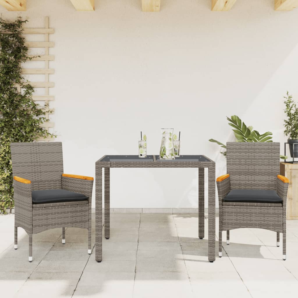 spisebordssæt til haven 3dele med hynder polyrattan og glas grå