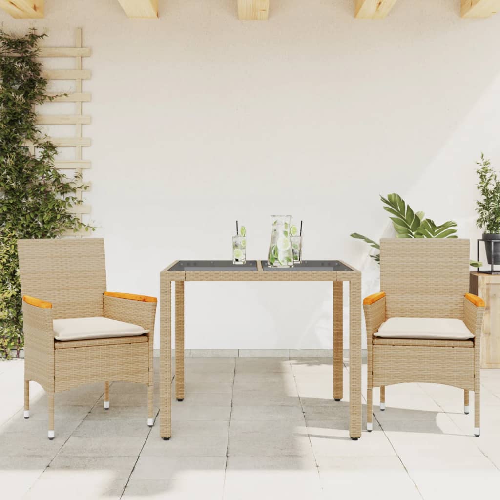 spisebordssæt til haven 3 dele med hynder polyrattan og glas