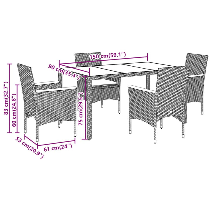 spisebordssæt til haven 5 dele med hynder polyrattan og glas