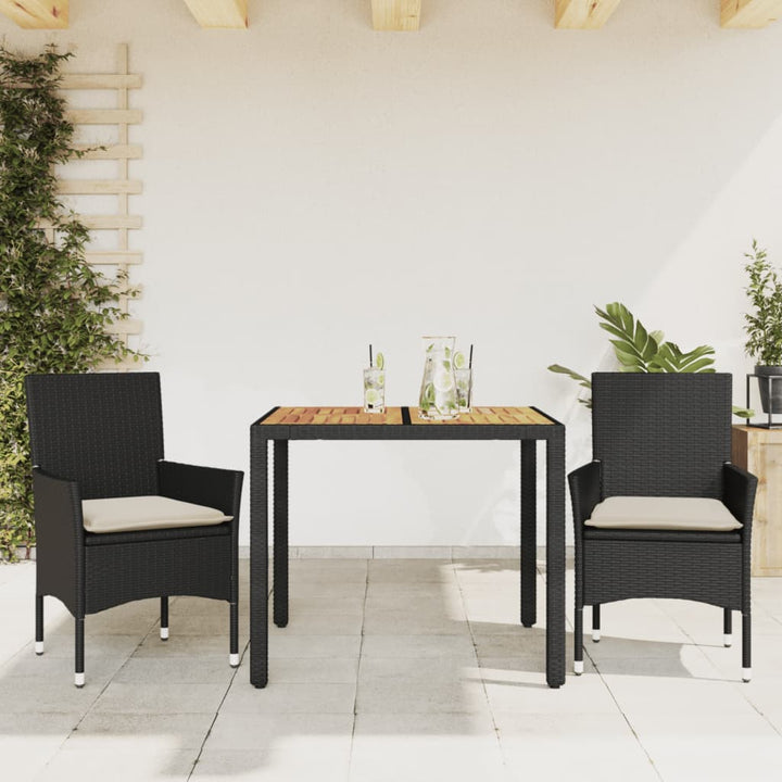 spisebordssæt til haven 3dele m. hynder polyrattan og glas sort