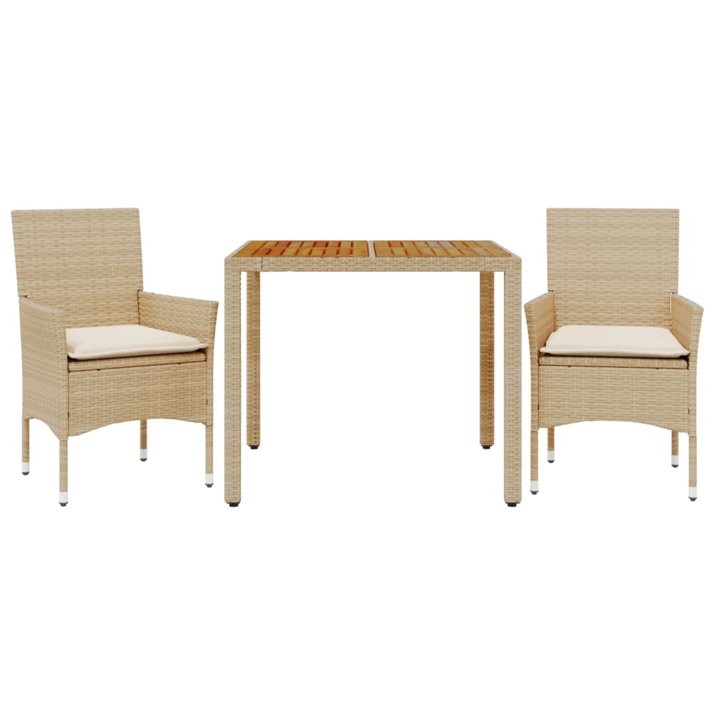 spisebordssæt til haven 3dele m. hynder polyrattan akacie beige