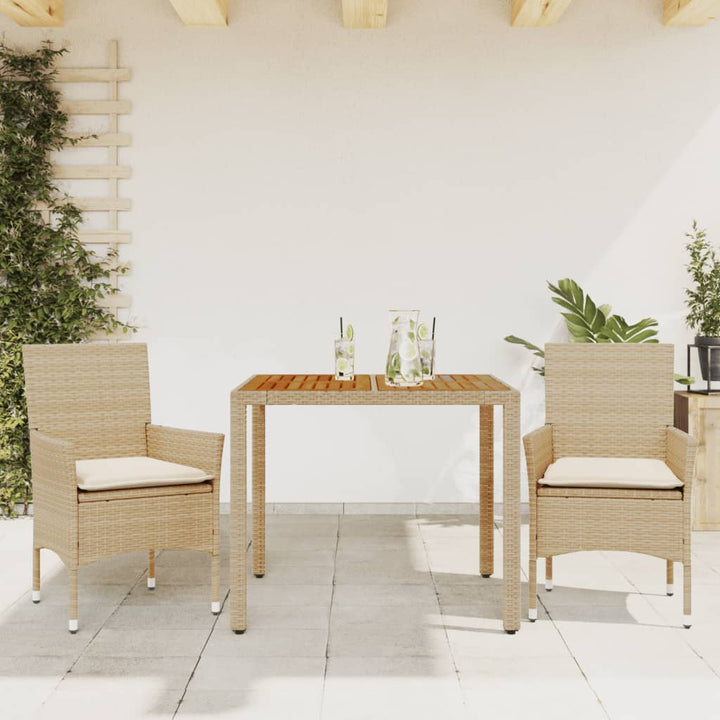 spisebordssæt til haven 3dele m. hynder polyrattan akacie beige
