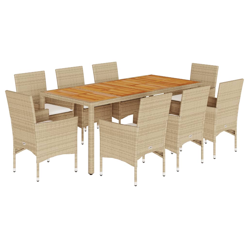 spisebordssæt til haven 9dele m. hynder polyrattan akacie beige