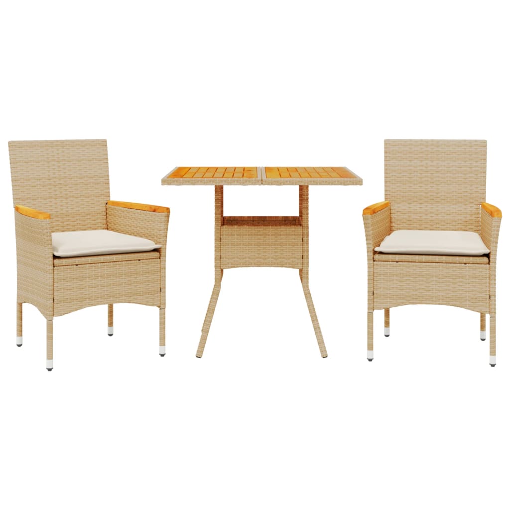 spisebordssæt til haven 3dele m. hynder polyrattan akacie beige