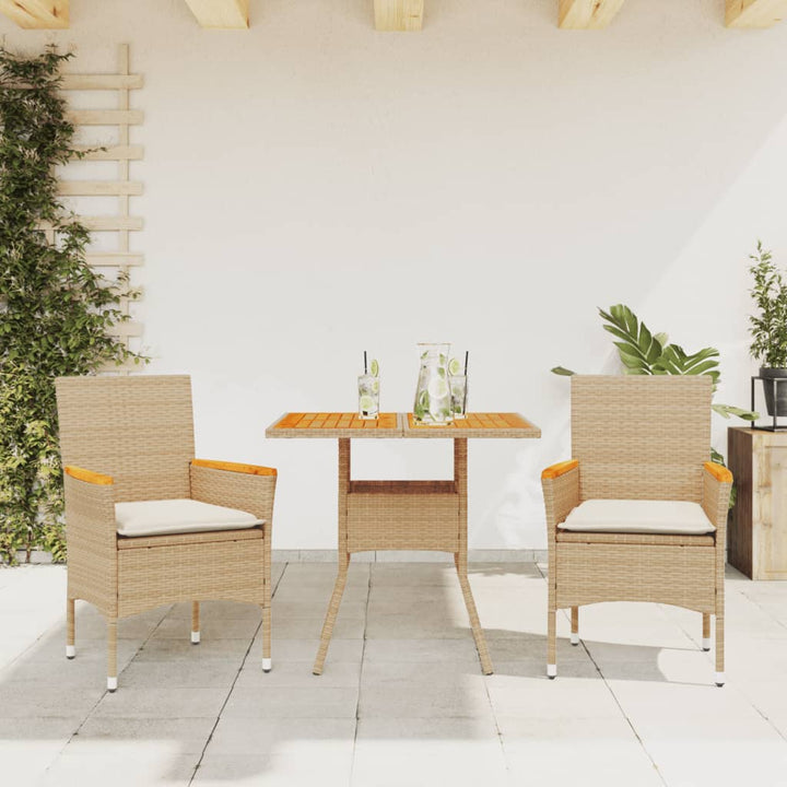 spisebordssæt til haven 3dele m. hynder polyrattan akacie beige