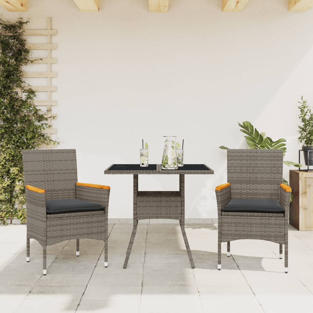 spisebordssæt til haven 3dele med hynder polyrattan og glas grå