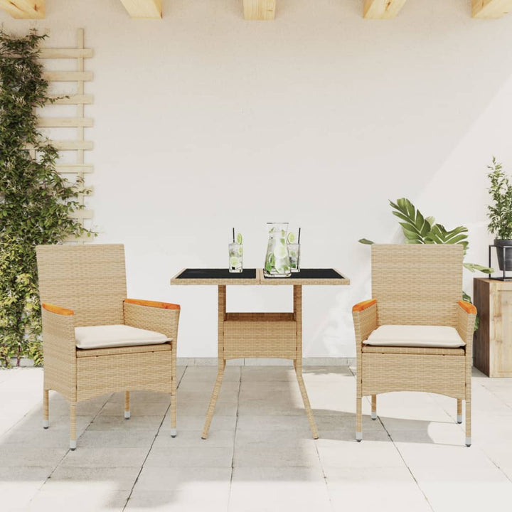 spisebordssæt til haven 3 dele med hynder polyrattan og glas