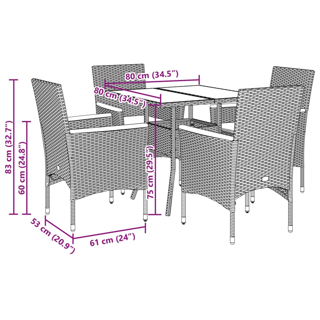 spisebordssæt til haven 5 dele med hynder polyrattan og glas