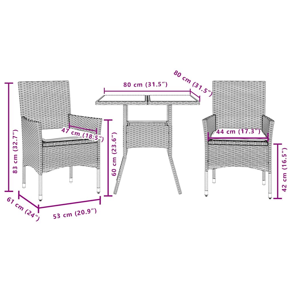 spisebordssæt til haven 3dele m. hynder polyrattan og glas sort