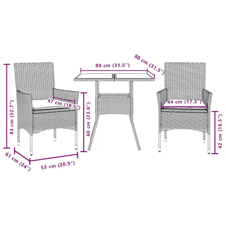 spisebordssæt til haven 3dele m. hynder polyrattan og glas sort