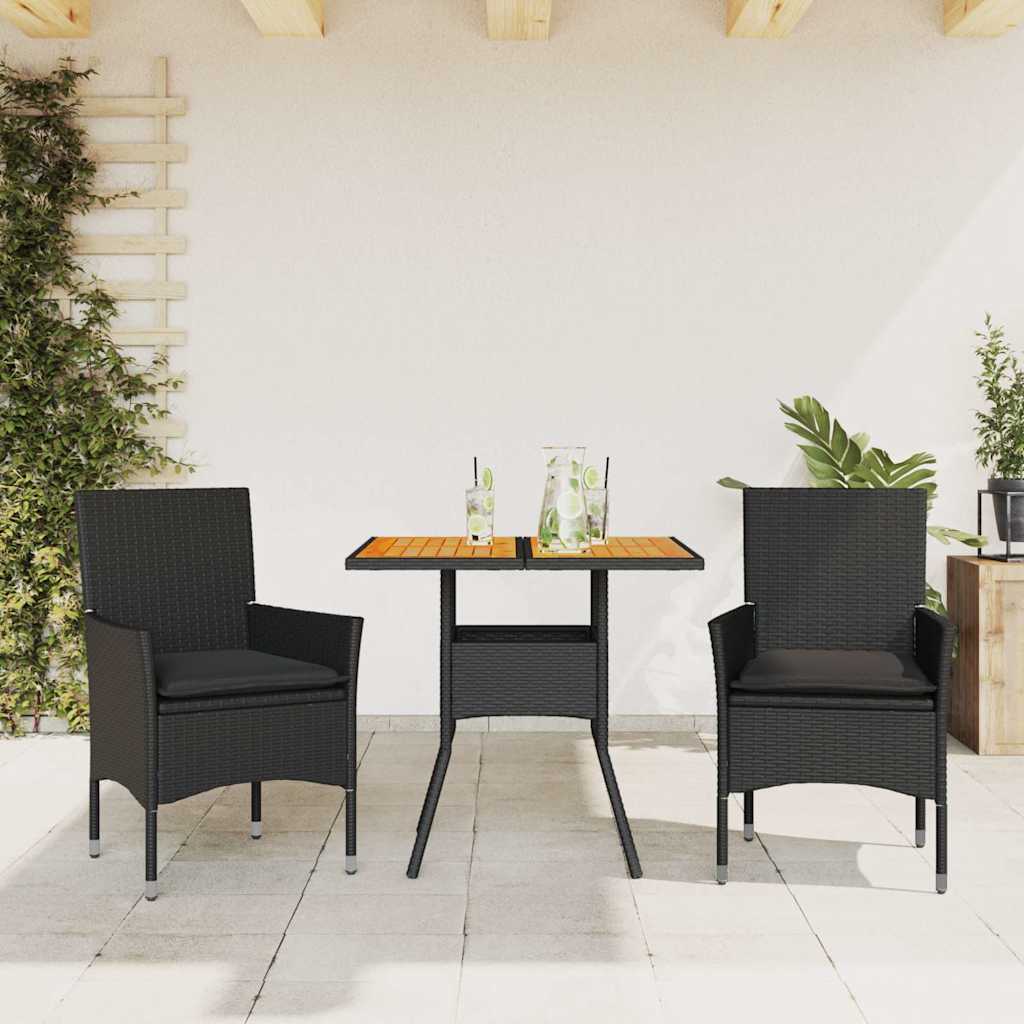 spisebordssæt til haven 3dele m. hynder polyrattan og glas sort