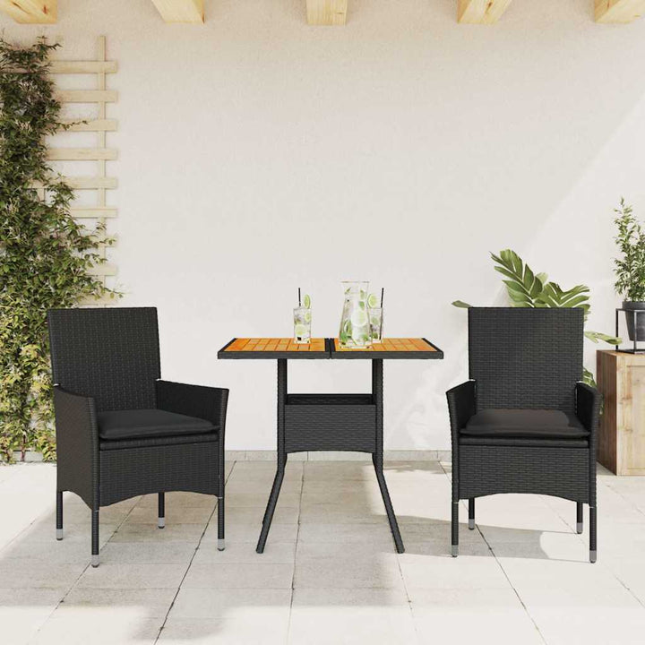 spisebordssæt til haven 3dele m. hynder polyrattan og glas sort