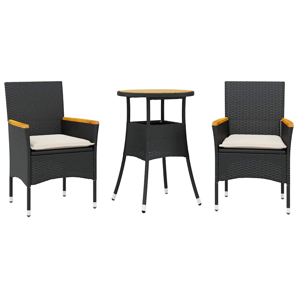 spisebordssæt til haven 3dele m. hynder polyrattan og glas sort
