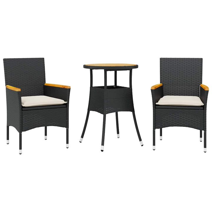 spisebordssæt til haven 3dele m. hynder polyrattan og glas sort