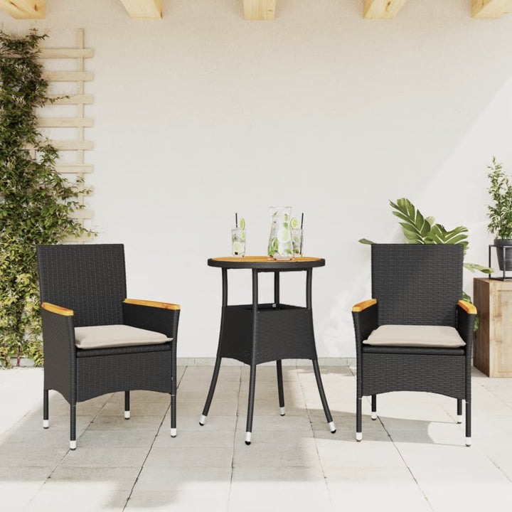 spisebordssæt til haven 3dele m. hynder polyrattan og glas sort