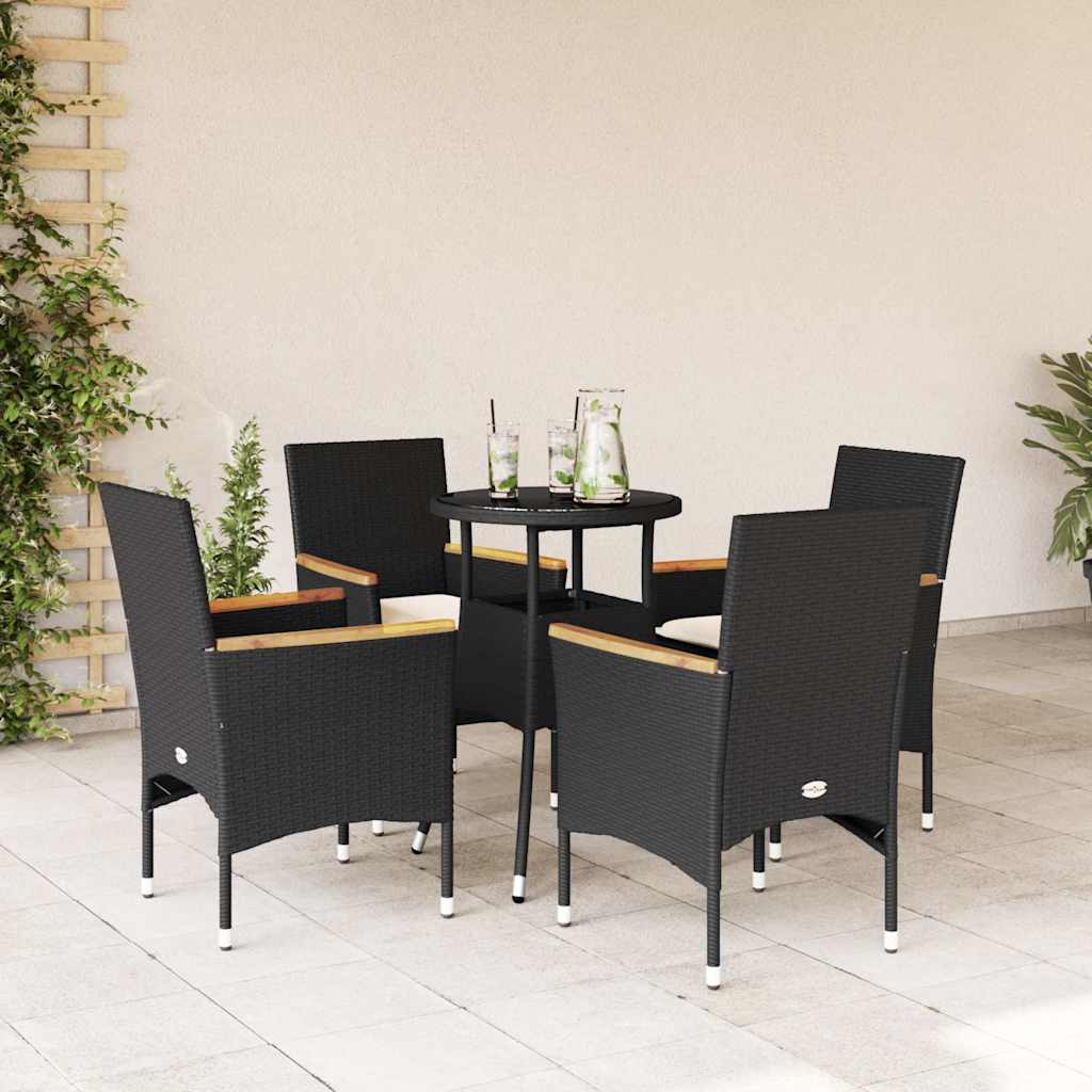 spisebordssæt til haven 5dele m. hynder polyrattan og glas sort