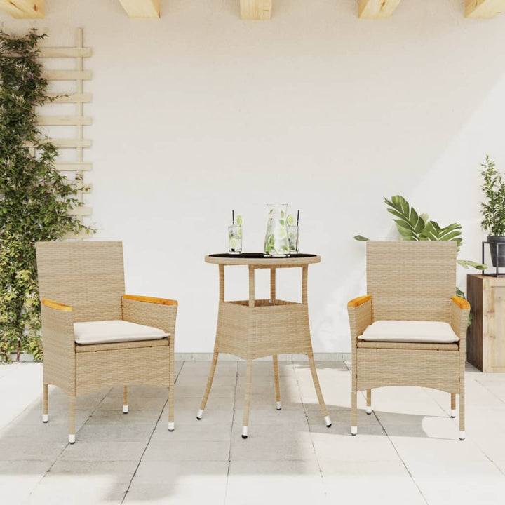 spisebordssæt til haven 3 dele med hynder polyrattan og glas