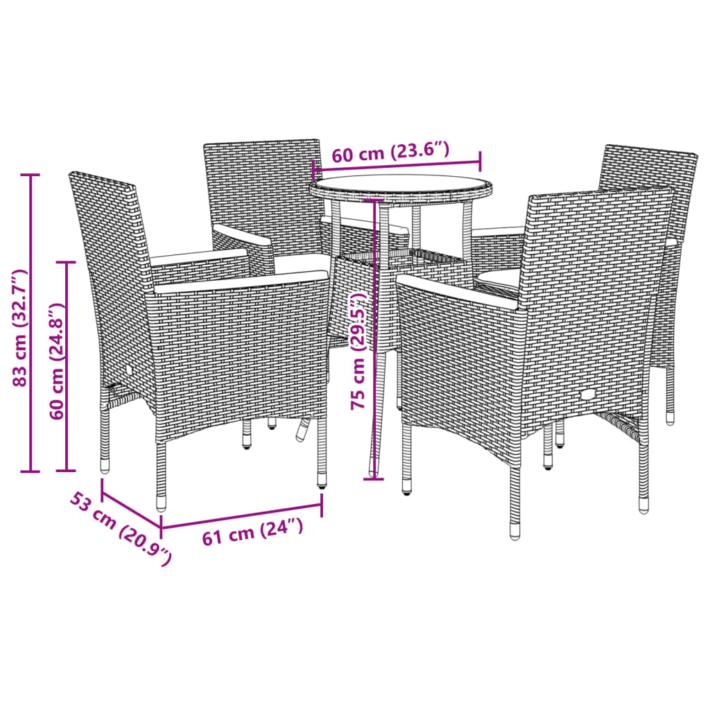 spisebordssæt til haven 5 dele med hynder polyrattan og glas