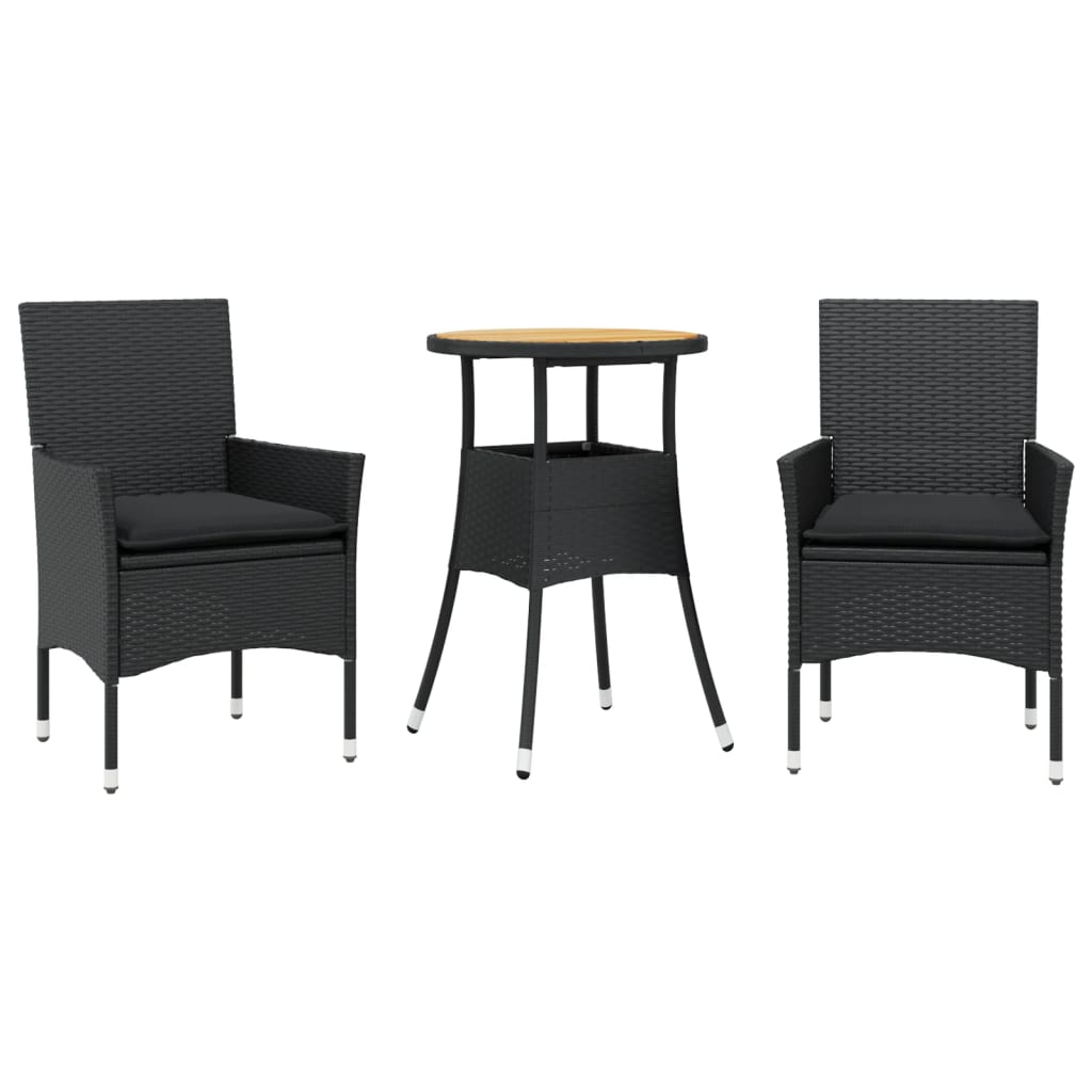 spisebordssæt til haven 3dele m. hynder polyrattan og glas sort