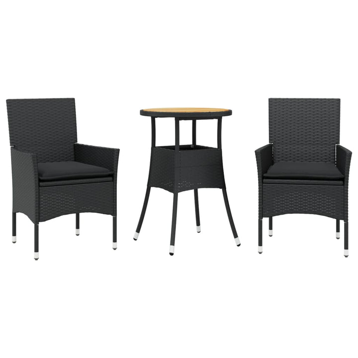 spisebordssæt til haven 3dele m. hynder polyrattan og glas sort