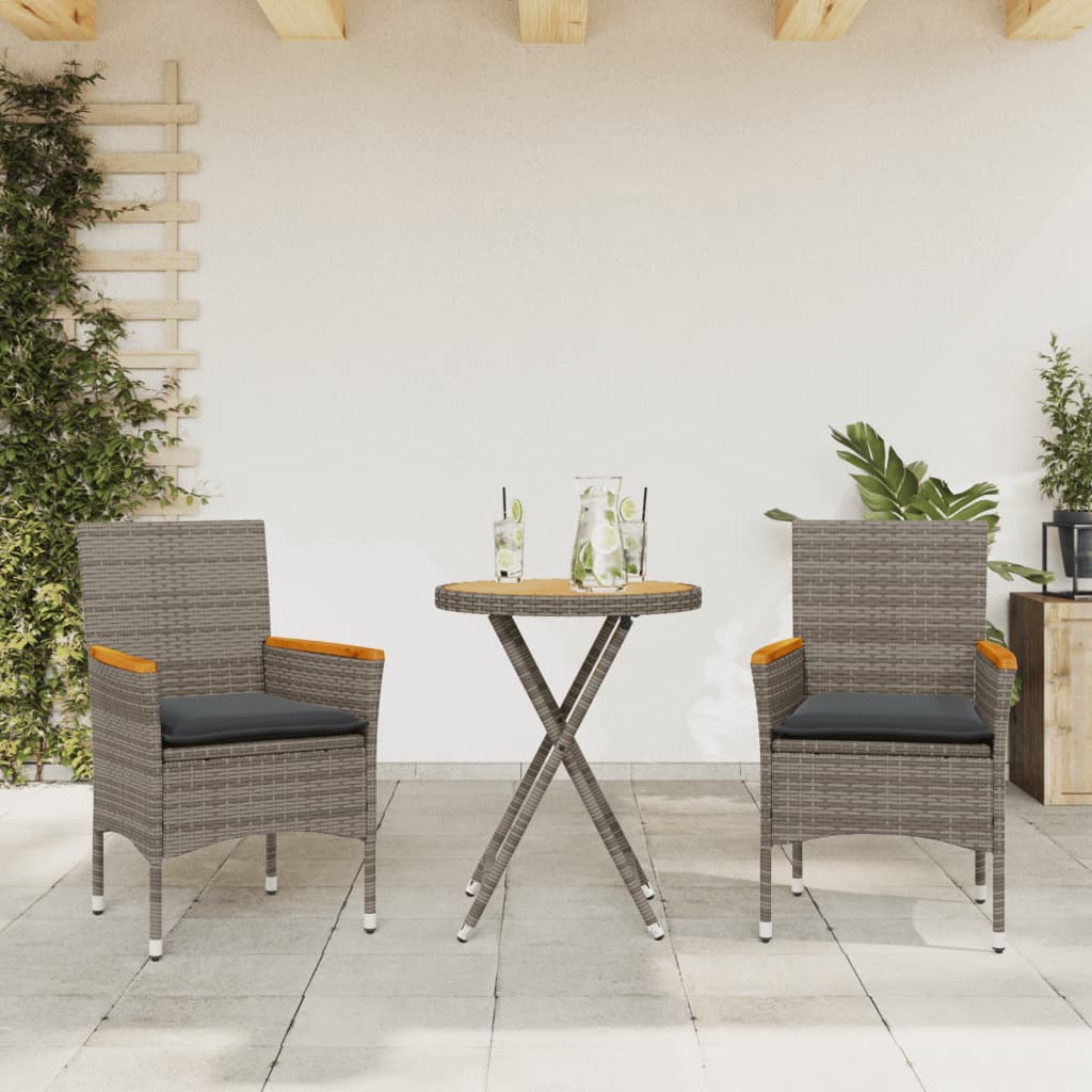 bistrosæt 3 dele med hynder polyrattan og akacietræ grå