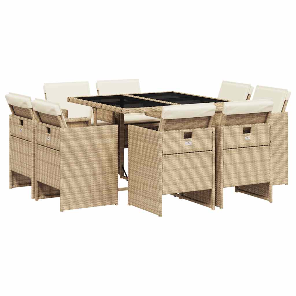 spisebordssæt til haven 9 dele med hynder polyrattan beige