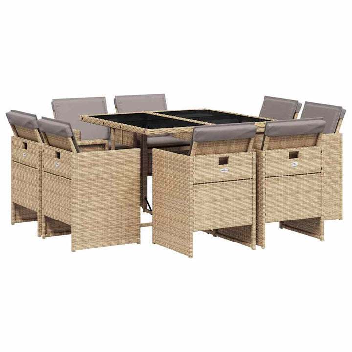 spisebordssæt til haven 9 dele med hynder polyrattan beige