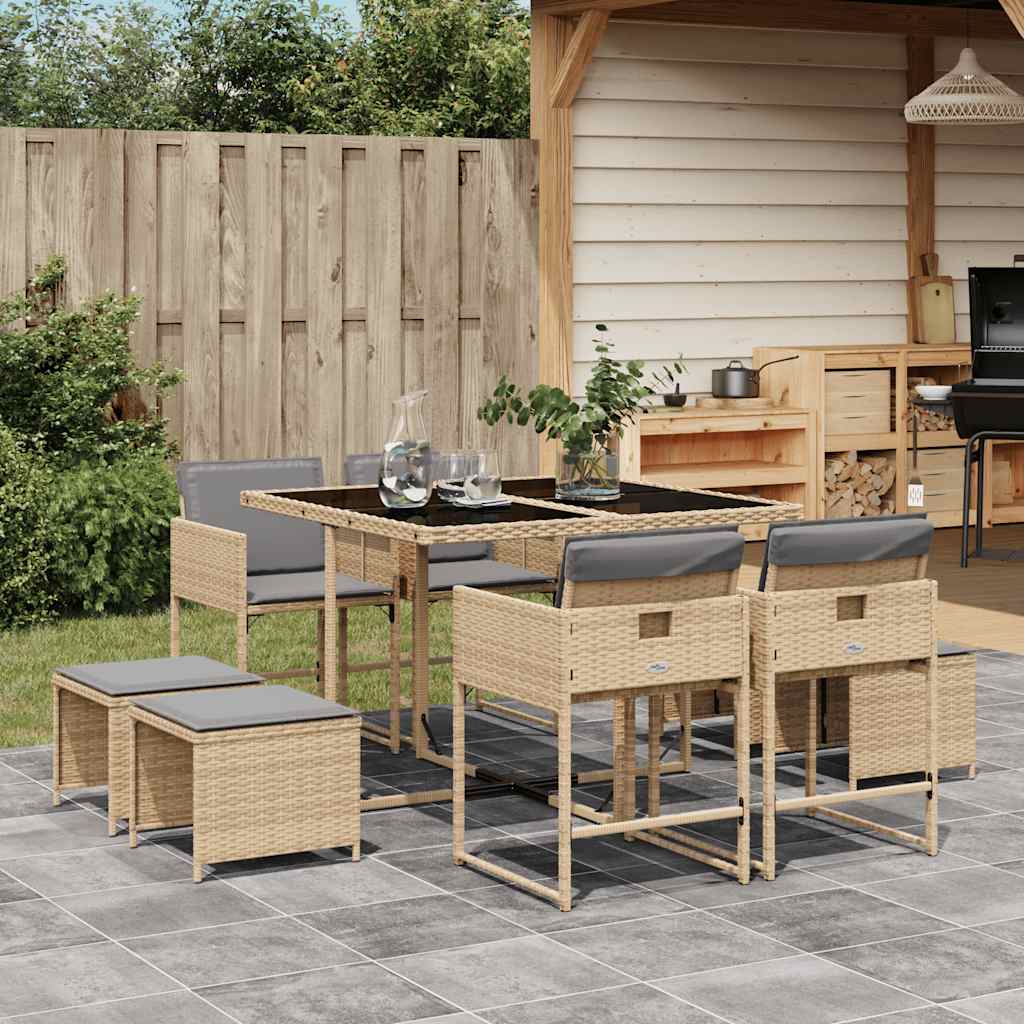spisebordssæt til haven 9 dele med hynder polyrattan beige