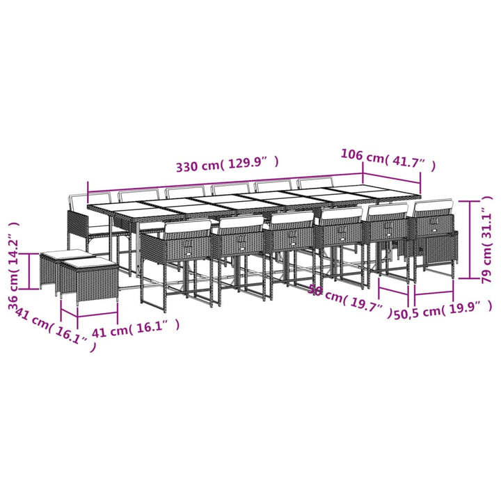 spisebordssæt til haven 17 dele med hynder polyrattan grå