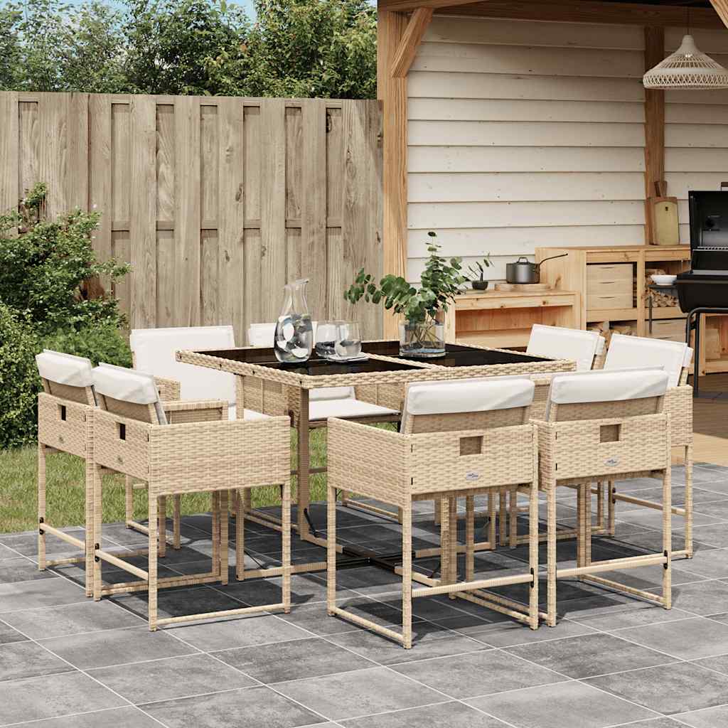 spisebordssæt til haven 9 dele med hynder polyrattan beige