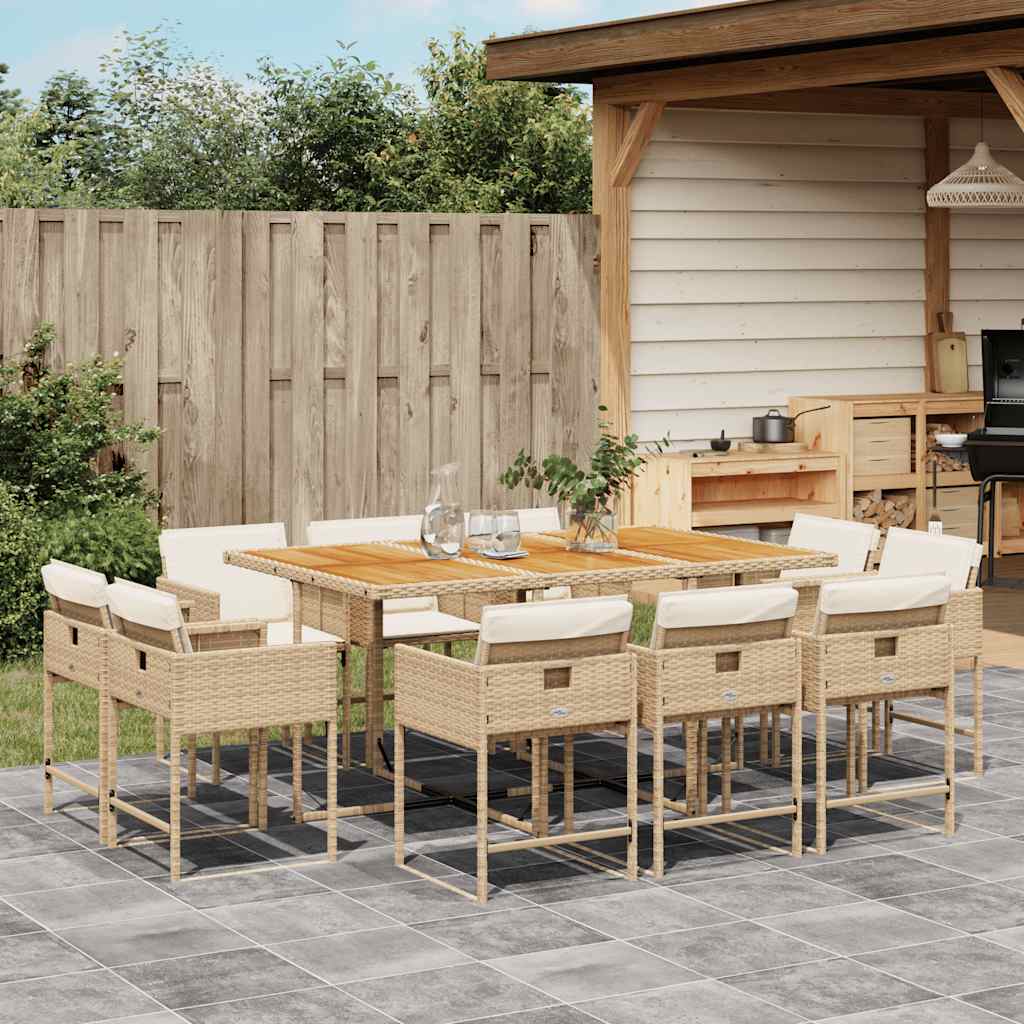 spisebordssæt til haven 11 dele med hynder polyrattan beige