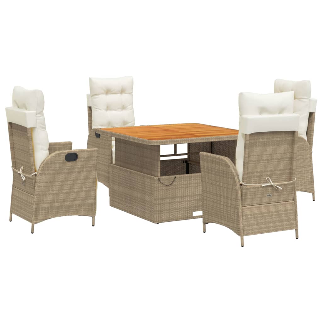 spisebordssæt til haven 5 dele med hynder polyrattan beige