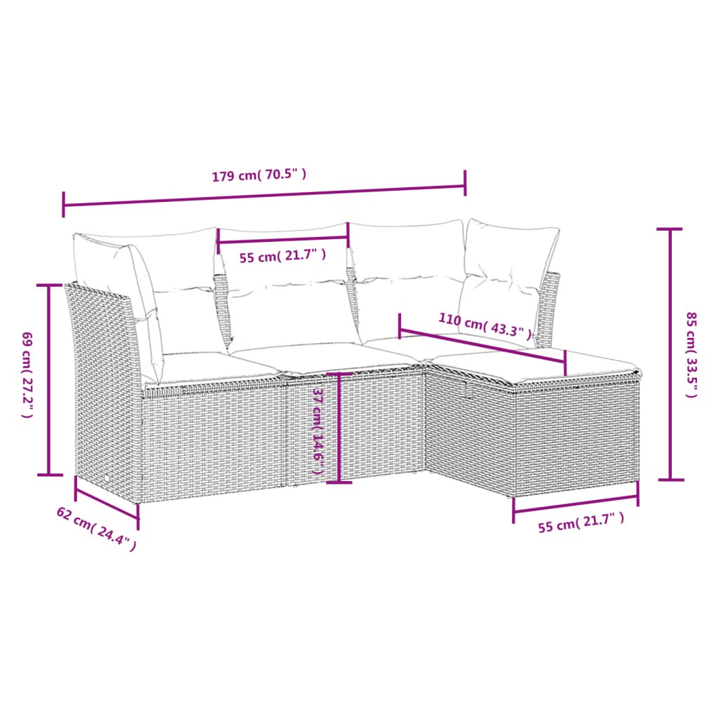 sofasæt til haven 4 dele med hynder polyrattan grå