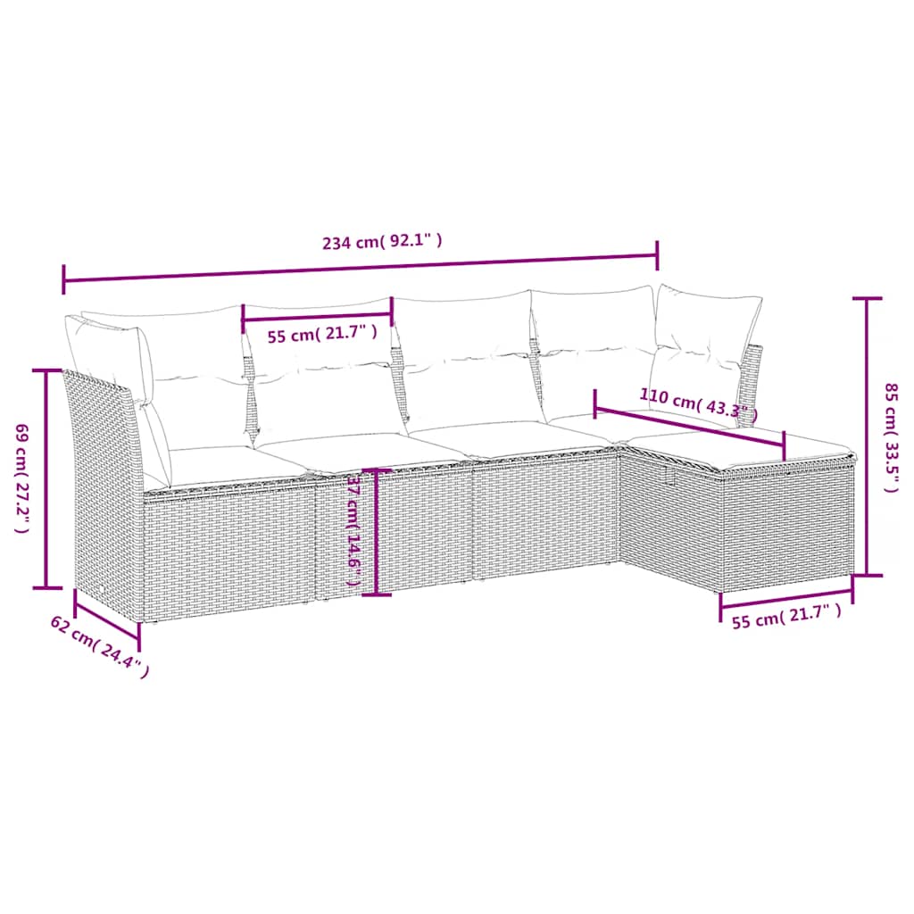 sofasæt til haven 5 dele med hynder polyrattan sort