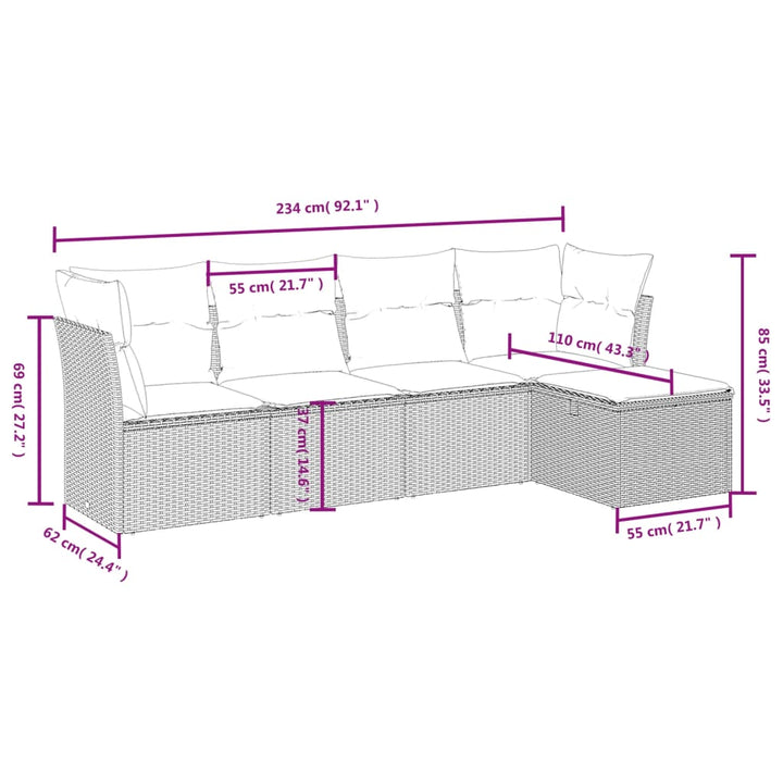 sofasæt 5 dele med hynder polyrattan grå