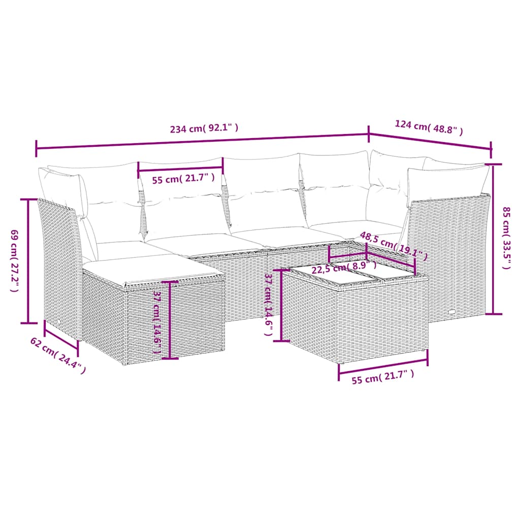 sofasæt til haven 7 dele med hynder polyrattan sort