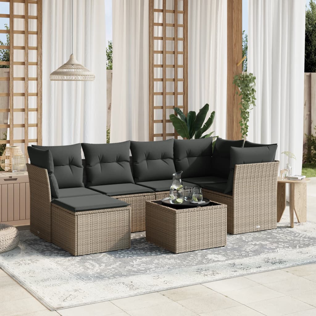 sofasæt til haven 7 dele med hynder polyrattan lysegrå