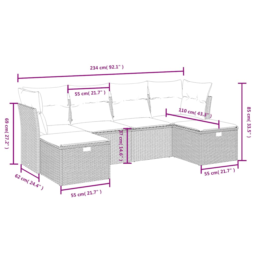 sofasæt til haven 6 dele med hynder polyrattan sort