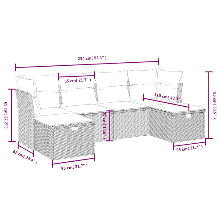 sofasæt til haven 6 dele med hynder polyrattan sort