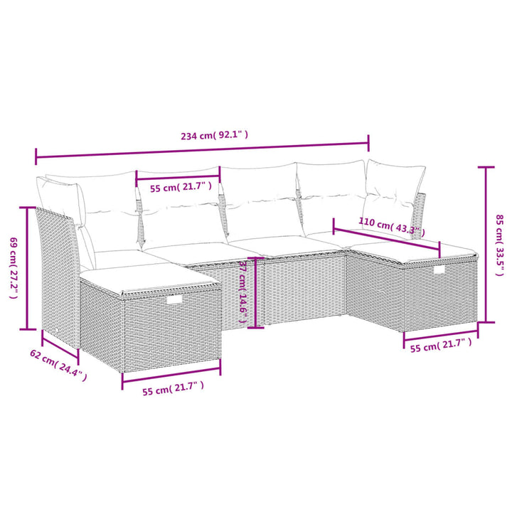 sofasæt til haven 6 dele med hynder polyrattan grå