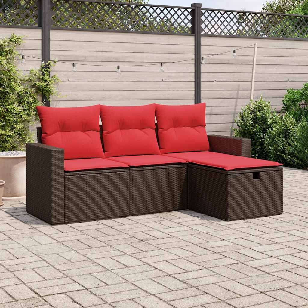 havesofasæt med 4 dele og hynder brun polyrattan
