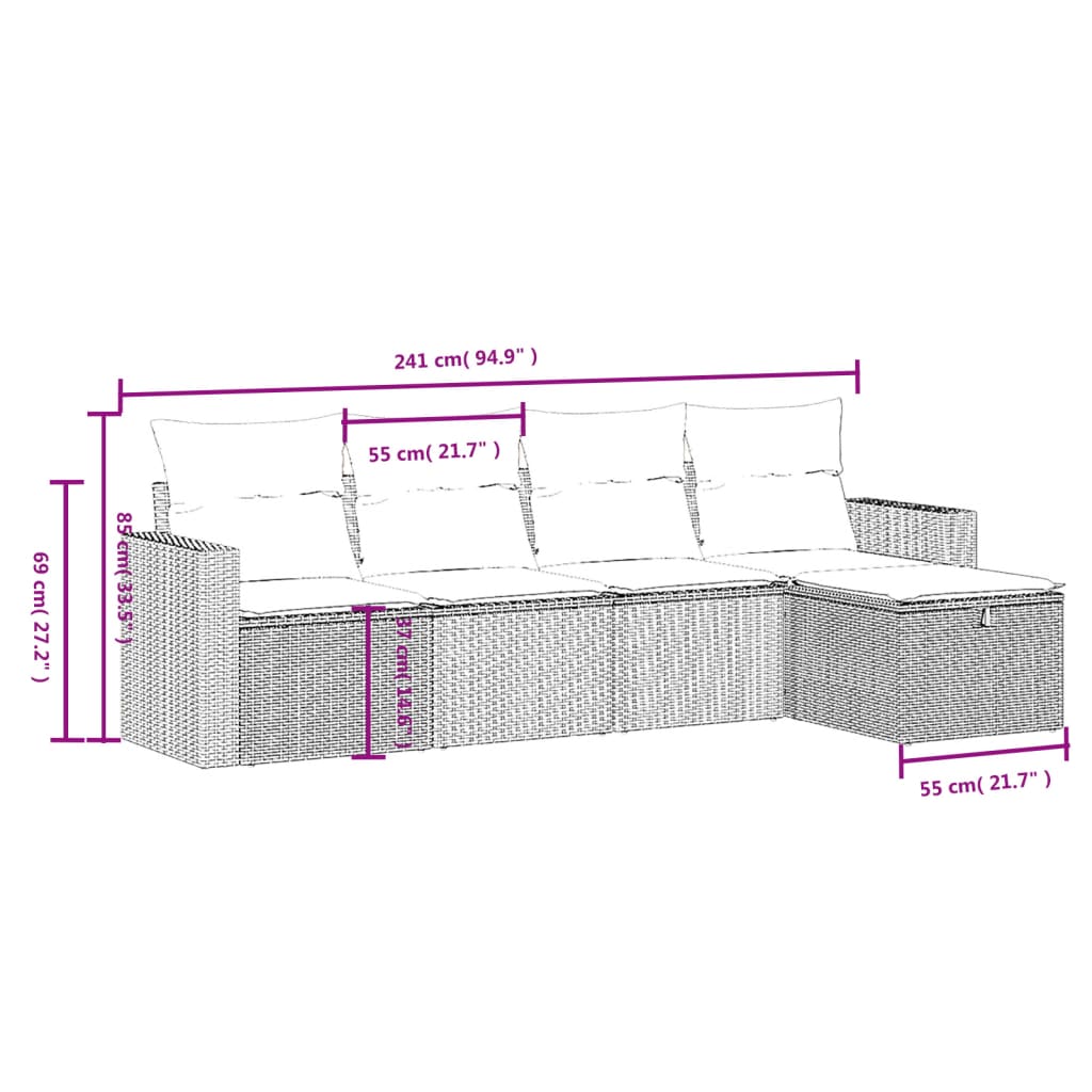 sofasæt 5 dele med hynder polyrattan grå