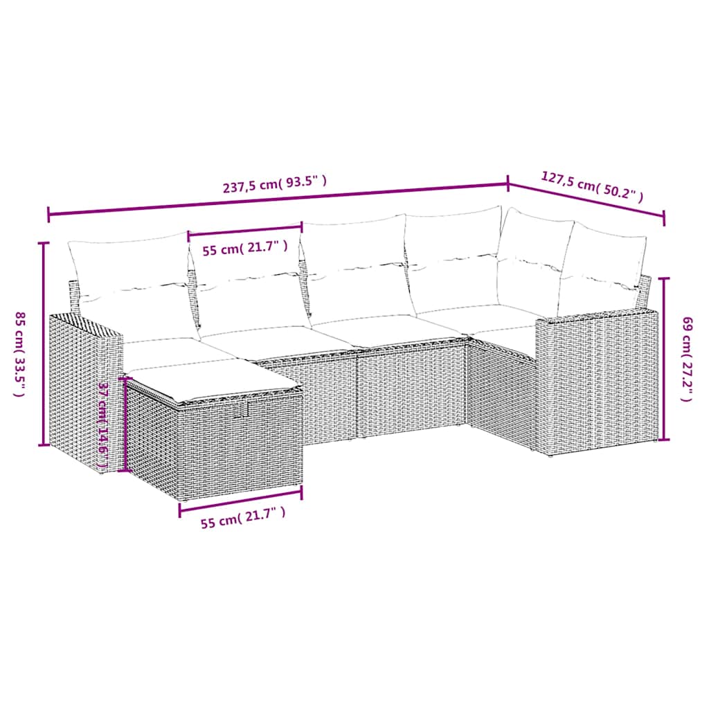 sofasæt til haven 6 dele med hynder polyrattan sort