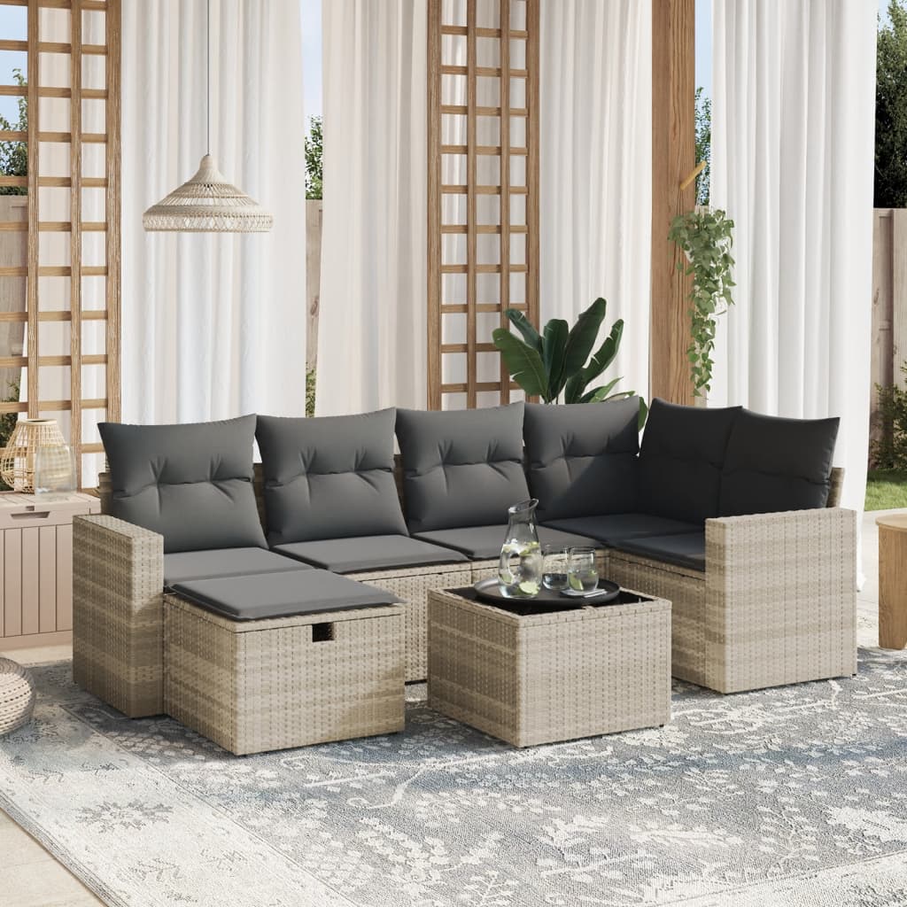 sofasæt til haven 7 dele med hynder polyrattan lysegrå