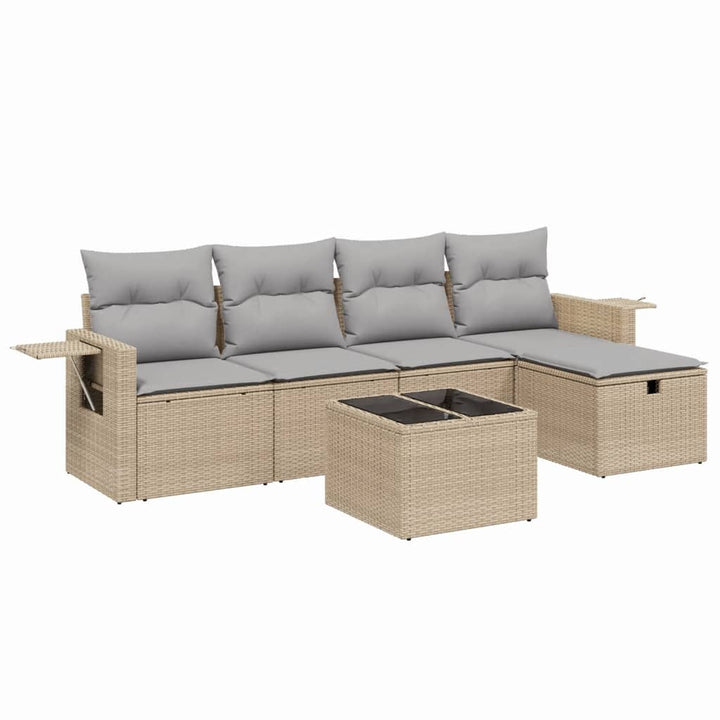 havesofasæt 6 dele med hynder polyrattan beige