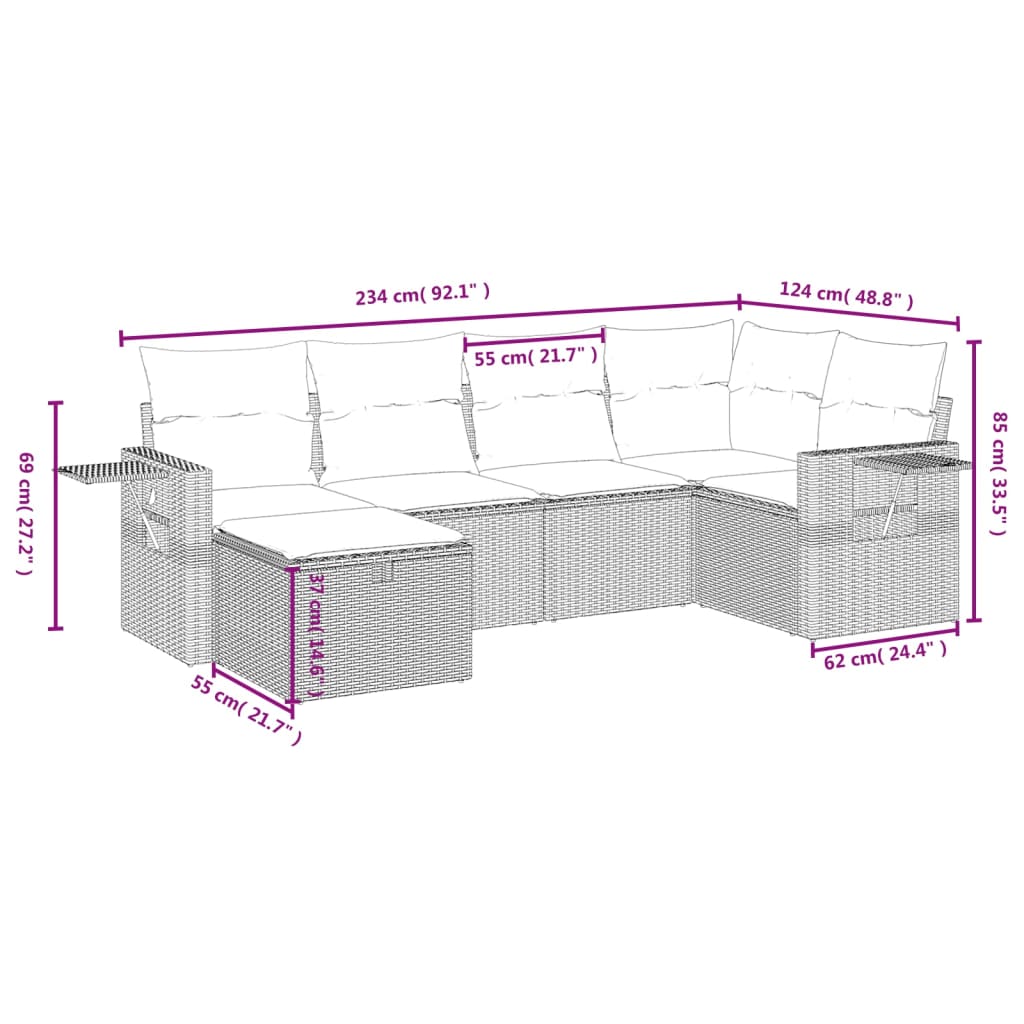 havesofasæt med 6 hynder brun polyrattan