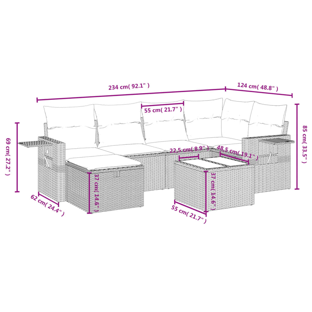 havesofasæt med 7 hynder brun polyrattan
